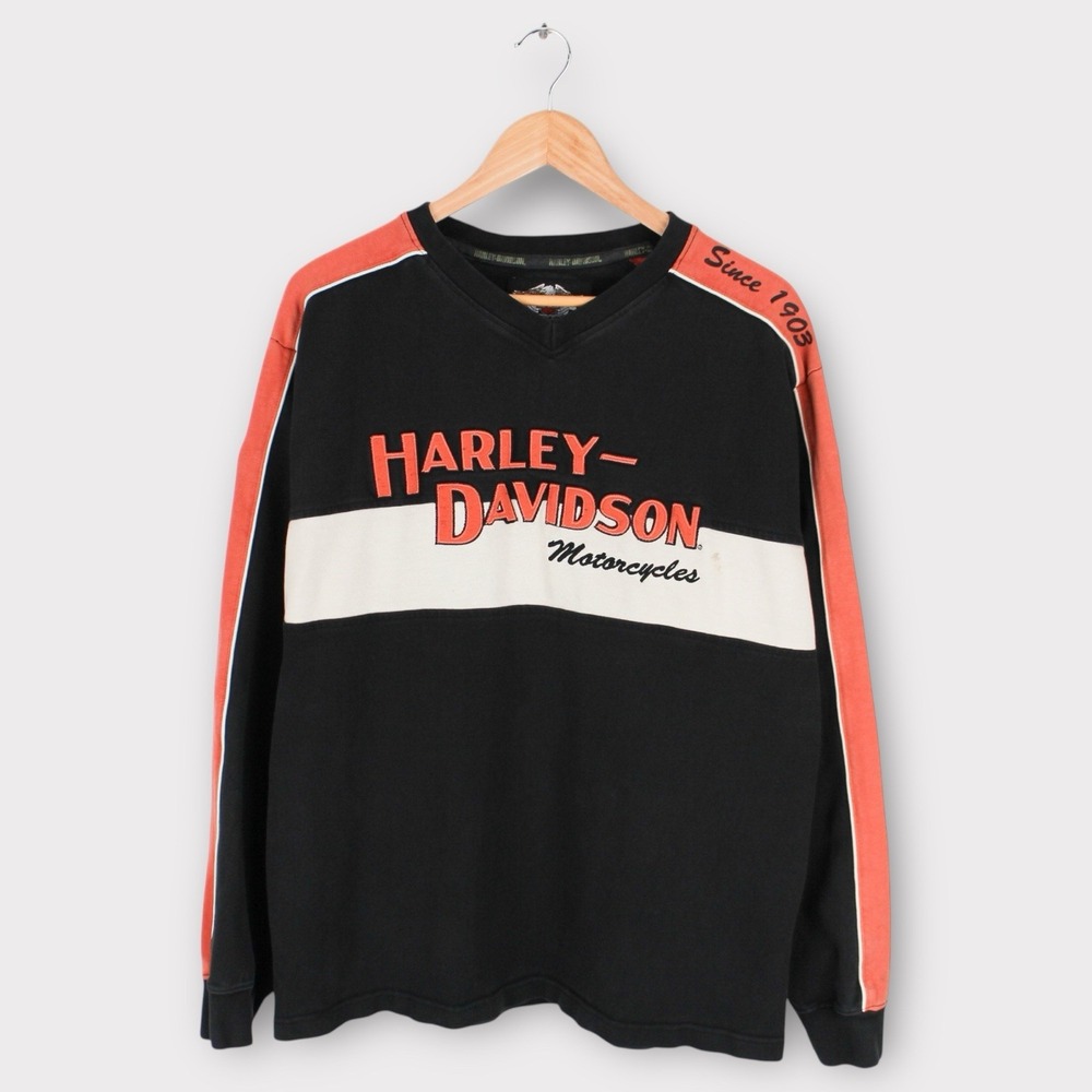 Harley-Davidson V-Neck Sweatshirt Mens‎ L Black Orange Racing Logo